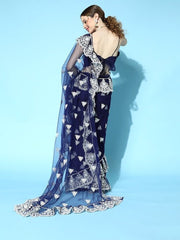 Blue Floral Saree with Embroidered border - Inddus.com