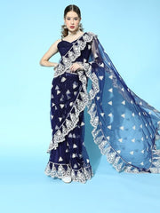 Blue Floral Saree with Embroidered border - Inddus.com