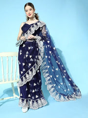 Blue Floral Saree with Embroidered border - Inddus.com