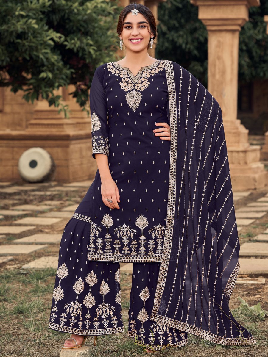 Blue Georgette Embroidered Partywear Palazzo Suit - Inddus.com