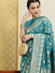 Blue & Gold-Toned Ethnic Motifs Zari Silk Blend Banarasi Saree - Inddus.com