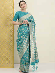Blue & Gold-Toned Ethnic Motifs Zari Silk Blend Banarasi Saree - Inddus.com