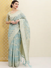 Blue & Golden Ethnic Woven Design Jashn Saree - Inddus.com