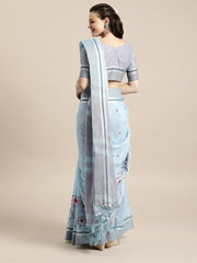 Blue Linen Blend Embroidered Party Wear Traditional Saree - inddus-us