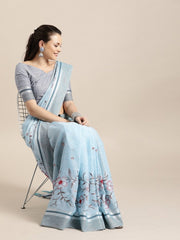 Blue Linen Blend Embroidered Party Wear Traditional Saree - inddus-us