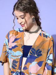 Blue & Mustard Floral Printed Top & Palazzo with Jacket - Inddus.com
