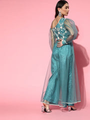 Blue Net Embroidered Kurta with Palazzo - Inddus.com
