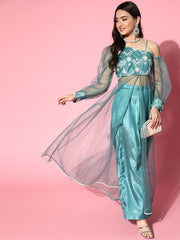Blue Net Embroidered Kurta with Palazzo - Inddus.com