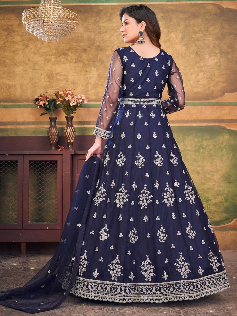 Blue Net Partywear Anarkali-Suit - Inddus.com