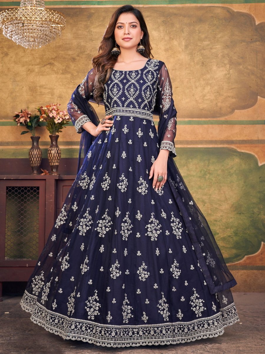 Blue Net Partywear Anarkali-Suit - Inddus.com