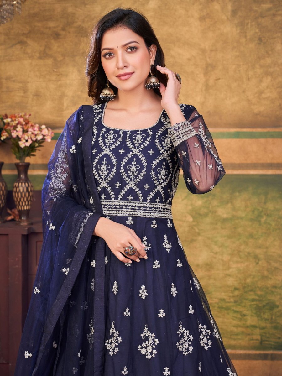 Blue Net Partywear Anarkali-Suit - Inddus.com