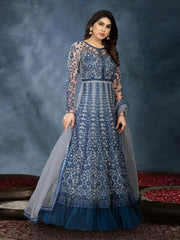 Blue Net Wedding Anarkali Gown - Inddus.com