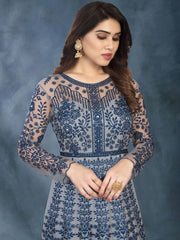 Blue Net Wedding Anarkali Gown - Inddus.com