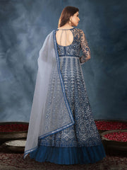 Blue Net Wedding Anarkali Gown - Inddus.com