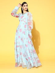Blue Nylon Partywear Floral Dresses - Inddus.com