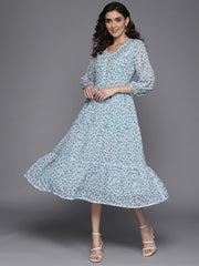 Blue & Off White Animal Print A-Line Midi Dress - Inddus.com
