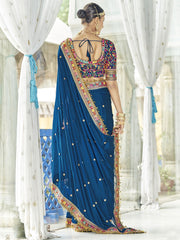 Blue Organza Thread Embroiderd Saree - Inddus.com