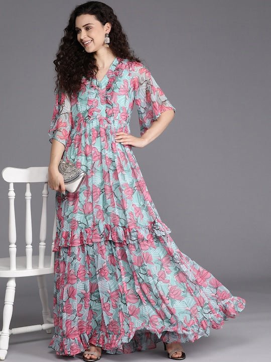 Blue & Pink Floral Chiffon Maxi Dress - Inddus.com