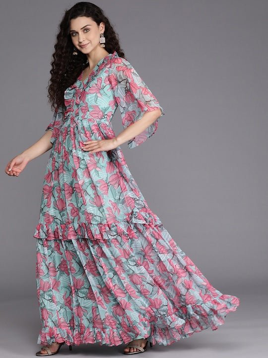 Blue & Pink Floral Chiffon Maxi Dress - Inddus.com
