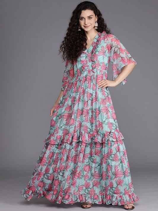 Blue & Pink Floral Chiffon Maxi Dress - Inddus.com