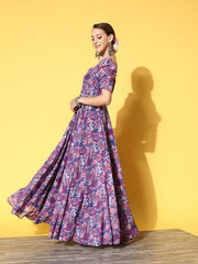 Blue & Pink Floral Georgette Maxi Dress - Inddus.com