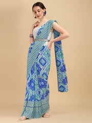 Blue Printed Belted Saree - Inddus.com