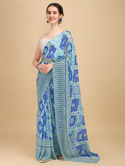 Blue Printed Belted Saree - Inddus.com