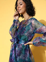 Blue & Purple Tropical Printed Fit and Flare Ruffled Gown - Inddus.com