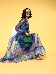 Blue & Purple Tropical Printed Fit and Flare Ruffled Gown - Inddus.com