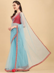 Blue & Red Embroidered Net Saree - Inddus.com