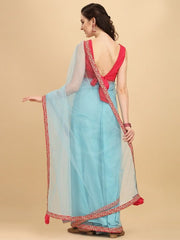 Blue & Red Embroidered Net Saree - Inddus.com