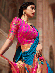 Blue Silk Embellished Saree - Inddus.com