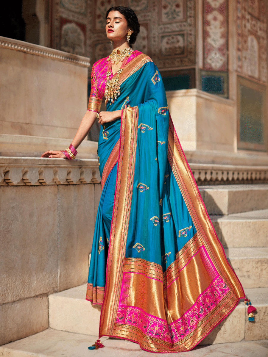 Blue Silk Embellished Saree - Inddus.com