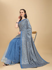 Blue & Silver Embellished Sequinned Silk Blend Saree - Inddus.com