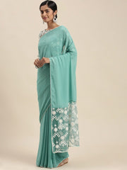 Blue Solid and Net Embroidered Saree - Inddus.com