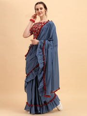 Blue Solid Ruffled Saree withPompom Border and Printed Blouse - inddus-us