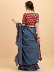 Blue Solid Ruffled Saree withPompom Border and Printed Blouse - inddus-us