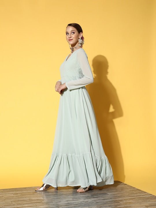 Blue & Teal Ethnic Motifs Embroidered Georgette Maxi Dress - Inddus.com