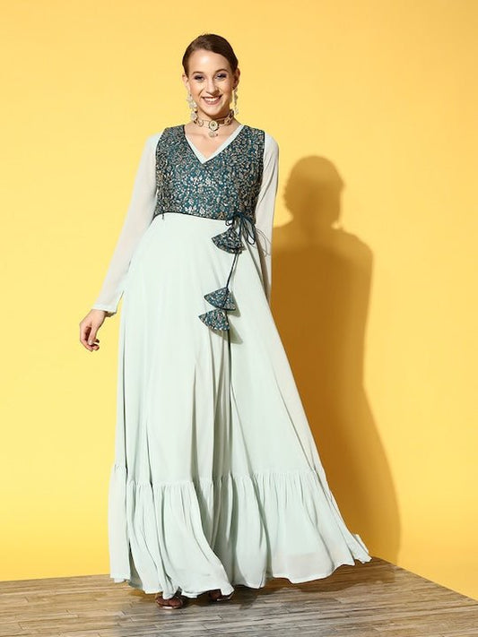 Blue & Teal Ethnic Motifs Embroidered Georgette Maxi Dress - Inddus.com