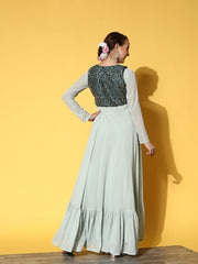 Blue & Teal Ethnic Motifs Embroidered Georgette Maxi Dress - Inddus.com