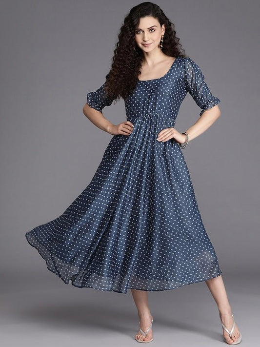 Blue & White Bandhani Printed Fit & Flare Midi Dress - Inddus.com
