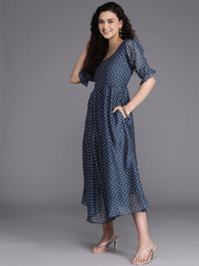 Blue & White Bandhani Printed Fit & Flare Midi Dress - Inddus.com
