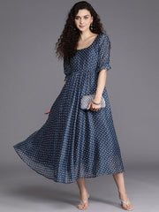 Blue & White Bandhani Printed Fit & Flare Midi Dress - Inddus.com