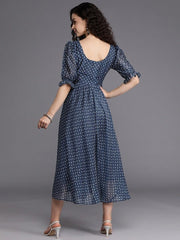 Blue & White Bandhani Printed Fit & Flare Midi Dress - Inddus.com