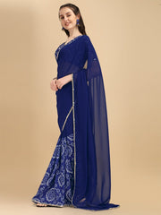 Blue & White Bandhani Sequinned Half and Half Bandhani Saree - Inddus.com