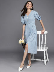 Blue & White Floral A-Line Midi Dress - Inddus.com