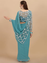 Blue & White Floral Embroidered Heavy Work Saree - Inddus.com