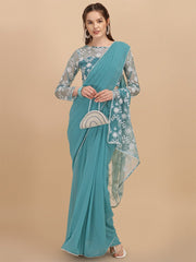 Blue & White Floral Embroidered Heavy Work Saree - Inddus.com