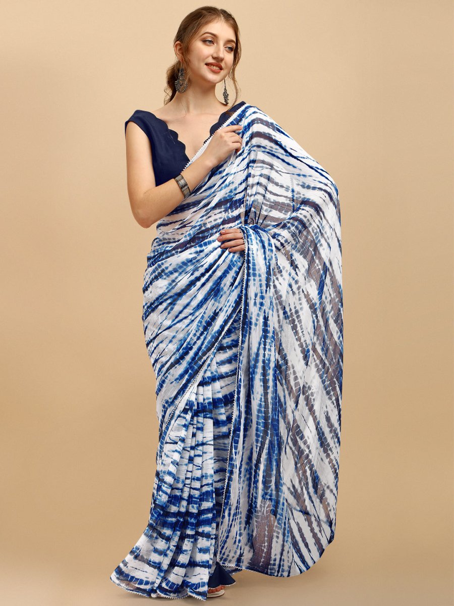 Blue & White Tie and Dye Poly Chiffon Saree - Inddus.com