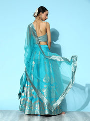 Blue Woven Lehenga with Dupatta and Blouse - Inddus.com